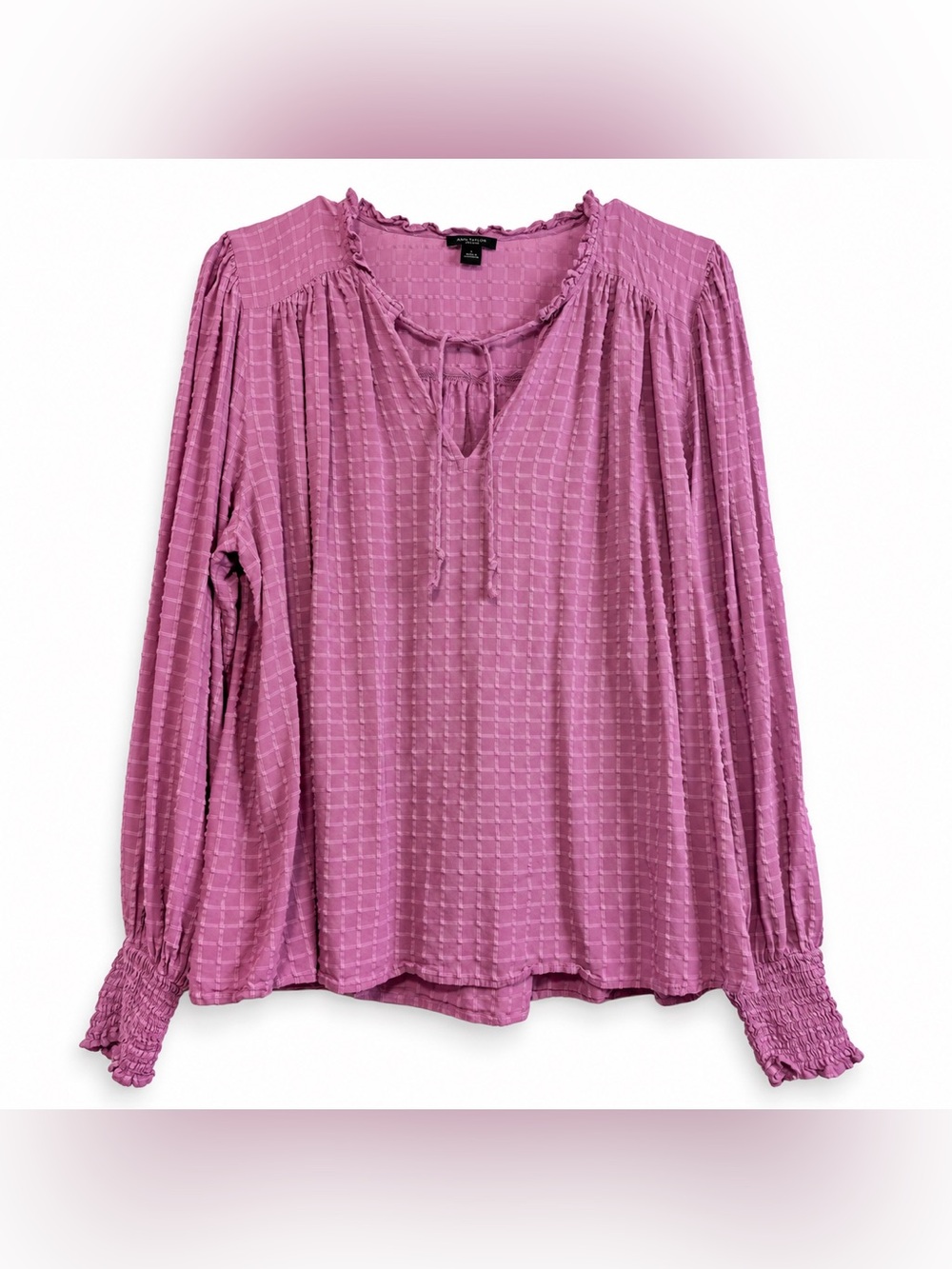Large Ann Taylor Factory Plum Plaid Ruffle Blouse Long Sleeves